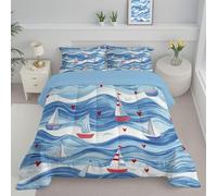 JEDTAKCT Waves And Sailboat Single Duvet Reversible Coverless Duvet, Soft All Seasons Comforter Sky Blue Machine Washable Microfiber Quilt With Pillowcases, 140X200Cm Nautical Illustration