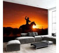 JEDTAKCT Western Desert Cowboy Background Wall Mural - 450X315Cm Sunset View Photo Wallpaper for Boys' Bedroom, Living Room, Playroom, Teen Room, Burnt Orange 3D Photo Mural Wall Art