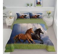 JEDTAKCT Wild Horse Grassland Double Coverless Duvet - Animal Landscape Coverless Quilt Comforter With Matching Pillowcase Reversible Design - Machine Washable - Blue-Gray - 200X200Cm