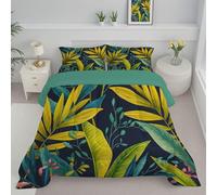 JEDTAKCT Yellow Green King Duvet Watercolor Palm Leaves Reversible Coverless Duvet All Seasons Quilt With Tropical Jungle Printed, Lightweight Soft Comforter Set With Pillowcase, Washable