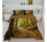 JEDTAKCT Yellow-Green Super King Duvet Autumn Forest Reversible Coverless Duvet All Seasons Quilt With Fallen Leaves Path Printed, Lightweight Soft Comforter Set With Pillowcase, Washable