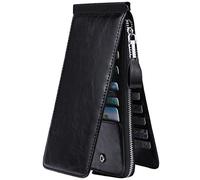 JEEBURYEE Ladies Genuine Leather Wallet with Credit Card Compartment and RFID Blocking Pocket, Long Wallet with Zipper Pocket, Oil Wax Leather Black, Size L, Double