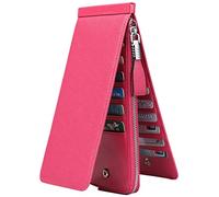 JEEBURYEE Women's Genuine Leather Multi Credit Card Holder Wallet RFID Blocking Clutch Long Purse with Zipper Pocket Rose Red