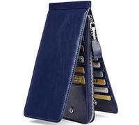JEEBURYEE Women's Oil Wax Real Leather Multi Credit Card Holder Wallet RFID Blocking Long Bifold Clutch Wallet Ladies Purse with Zipper Pocket Blue, Blue Oil Wax Leather, Large
