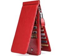 JEEBURYEE Women's Oil Wax Real Leather Multi Credit Card Holder Wallet RFID Blocking Long Bifold Clutch Wallet Ladies Purse with Zipper Pocket Red