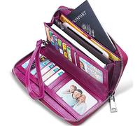 JEEBURYEE Women's RFID Blocking Large Capacity Oil Wax Genuine Leather Zip Around Wallet Clutch Multi Card Holder Ladies Purse Purple