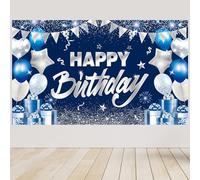 Jeechunlim 180x110 cm Glitter LargeHappy Birthday Backdrops Cloth 71x43 in. Birthday Photography Background Happy Birthday Sign Wall Banner Birthday Celebration Decoration for Men Women (Blue+White)