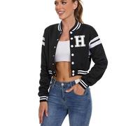 jeecoin Women's Baseball Varsity Jacket Vintage Crop Top Letter Print College Letterman Coat Bomber Jackets, Letter-h, Small