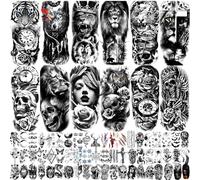 JEEFONNA 82 Sheets Temporary Tattoo for Men Women Adults, Include 12 Sheets Black 3D Half Sleeve Temporary Tattoos, Halloween Tattoos Scary Lion Wolf Tiger Skull Skeleton Tattoos Stickers