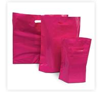 JeeJaan® 100 Pcs of Dark Pink Plastic Carrier Bags 10"x12"+4" - Strong Patch Handle Bags Ideal for Boutiques Clothes, Jewellery, Gifts, Retail and Shopping