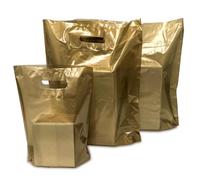 JeeJaan® 25 Pcs of Gold Plastic Carrier Bags 10"x12"+4" - Strong Patch Handle Bags Ideal for Boutiques Clothes, Jewellery, Gifts, Retail and Shopping