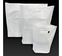 JeeJaan® 50 Pcs of White Plastic Carrier Bags 15"x18"+3" - Strong Patch Handle Bags Ideal for Boutiques Clothes, Jewellery, Gifts, Retail and Shopping
