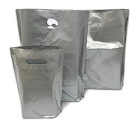 JeeJaan® 500 Pcs of Silver Plastic Carrier Bags 15"x18"+3" - Strong Patch Handle Bags Ideal for Boutiques Clothes, Jewellery, Gifts, Retail and Shopping