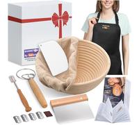 Jeensley Banneton Bread Proofing Basket Set with Brochure & Baking Supplies, 9 Inch Round Proving Bowl with Liner & Making Tools, Sourdough Starter Kit, Handmade from Quality Natural Indonesian Rattan
