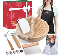 Jeensley Boxed Sourdough Starter Kit with Apron Round Bread Proofing Basket Banneton with Liner and Bread Making Tools Handmade from Quality Natural Indonesian Rattan Bread Making Accessories