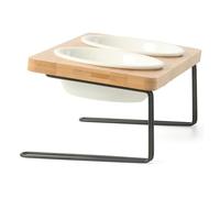 Jeenuuder Elevated Cats Ceramic Bowls, Small Dog Food Feeding Dishes, Solid Bamboo Water Stand Feeder Set for Cats and Puppy