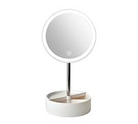 Jeenuuder Portable LED Makeup Mirror USB Recharge Makeup Mirror Storage Base Beauty Desktop Make Up Mirror (Creamy White)