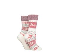 Jeep Ladies Thermal Boot Socks - Fluffy Cuff Soft Top Fairisle Patterned Cushioned Warm Winter Socks for Walking, Hiking & Outdoor Wear 2 Pair Multipack Size 4-8 Cream/Rose