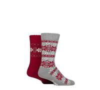 Jeep Men’s 2 Pair Fair Isle Thermal Boot Socks - Brushed Inside, Thick Cushioned, Warm & Breathable with Reinforced Heel & Toe, Outdoor Winter Comfort, Size UK 6-11 Berry/Grey
