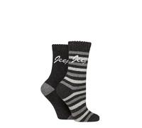 Jeep Women’s 2 Pair Striped Wool Blend Boot Socks - Warm, Thick, Cushioned Outdoor Walking, Soft & Breathable with Reinforced Heel and Toe, Everyday Comfort, Size 4-8 Black/Charcoal/Grey