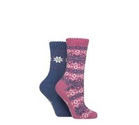Jeep Women’s 2 Pairs Fair Isle Thermal Boot Socks - Brushed Terry-Loop Interior, Thick Cushioned, Warm & Breathable with Soft Top Cuff, Outdoor Winter Comfort, Size UK 4-8 Rose/Blue