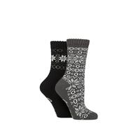 Jeep Women’s 2 Pairs Fair Isle Thermal Boot Socks - Brushed Terry-Loop Interior, Thick Cushioned, Warm & Breathable with Soft Top Cuff, Outdoor Winter Comfort, Size UK 4-8 Black/Charcoal