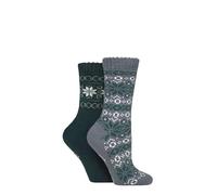 Jeep Women’s 2 Pairs Fair Isle Thermal Boot Socks - Brushed Terry-Loop Interior, Thick Cushioned, Warm & Breathable with Soft Top Cuff, Outdoor Winter Comfort, Size UK 4-8 Forest/Slate