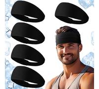 Jeere 5pcs Summer Cooling Headbands for Men Stretchy Workout Sports Sweatbands Absorb Chill Cool Hairband for Hot Weather Running Golf Athletic (Black)