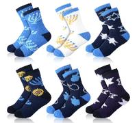 Jeere 6 Pairs Hanukkah Socks for Hanukkah Fuzzy Socks Chanukah Crew Sock Winter Holiday Crew Sock Jewish Gift for Men Women, Blue, White and Yellow, One Size