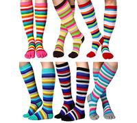 Jeere 6 Pairs Rainbow Toe Socks Women Cotton Knee High Toe Socks With Toes Separated Striped Thigh High Socks Leg Warmers LGBT Pride Long Socks (Black, Grey, Pink, Red, Coffee, Green), Black, Grey,