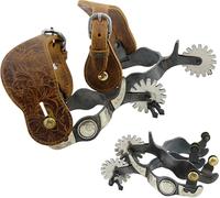 Jeereal Western Cowboy Spurs with Spur Straps, Black Steel, Engraved German Silver Trims, 3/4" Band, 1" Shank