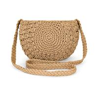 Jeesblsy Women Round Shoulder Bag Beach Cotton Rope Braided Shoulder Small Handmade Crochet Bohemian Handbag for Holiday, Travel, Date (Brown)