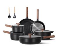 JEETEE Ceramic Cookware Sets 17 pcs, Healthy Pots and Pans Set Non Stick, Induction Kitchen Cooking Set with Removable Handles, Stackable Pots Pans, Oven Safe, PFOA/PFOS Free, Black