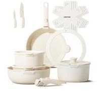 JEETEE Pots and Pans Set Non Stick 17pcs, Kitchen Cookware Sets with Detachable Handle, Induction Nonstick Cookware Set with Removable Handle, Stackable RV Cookware, Oven Safe, PFOA Free, Beige