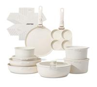 JEETEE Pots and Pans Set Non Stick 20pcs, Kitchen Cookware Sets with Detachable Handle, Induction Nonstick Cookware Set with Removable Handle, Stackable RV Cookware, Oven Safe, PFOA Free, Beige