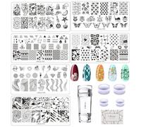 JEEWHEET 6 Nail Art Stamping Plates with Stamper and Scraper - Flowers, Geometric Patterns Nail Template for Nail Salon Designs - Nail Image Stamp Plates Manicure Templates Nail Art Tools