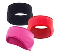 JEEZAO 3pcs Unisex Fleece Headband,Ear Warmer,Windproof Cold-Proof and High Stretchy for Workout Running Cycling (Black + Rose red + Red)