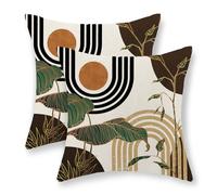 JEFERSO Boho Brown Pillow Covers 18x18 Set of 2 Gold Leaf Tropical Mid Century Throw Pillows Outdoor Bohemian Abstract Modern Decorative Pillowcase Farmhouse Linen Cushion Case for Couch Sofa Decor