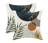 JEFERSO Boho Pillow Covers 18x18 Set of 2 Gold Navy Blue Throw Pillows Summer Orange Sun Green Tropical Leaf Decor Mid Century Pillowcase Outdoor Decorations Bohemian Linen Cushion Case for Sofa Home