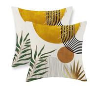 JEFERSO Boho Pillow Covers 18x18 Set of 2 Gold Yellow Sun Throw Pillows Summer Green Tropical Leaf Decor Mid Century Pillowcase Outdoor Decorations Bohemian Style Linen Cushion Case for Couch Home