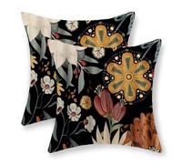 JEFERSO Boho Pillow Covers 24x24 Inch Set of 2 Vintage Boho Floral Throw Pillows Summer Flowers Tropical Leaves Pillowcase Bohemian Outdoor Decorative Linen Black Cushion Case for Couch Home Decor