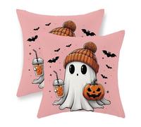 JEFERSO Halloween Pillow Covers 18x18 Set of 2 Pumpkin Black Bats Cute Ghost Throw Pillow Covers Halloween Decorations Pink Pillowcase Halloween Home Decor Linen Outdoor Cushion Case for Couch Sofa