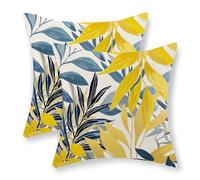 JEFERSO Summer Outdoor Pillow Covers 18x18 Inch 2 Pcs Tropical Navy Blue Mustard Yellow Palm Leaves Decorative Throw Pillows Farmhouse Decor Pillow Cases Linen Cushion Cover for Home Couch Sofa Bed