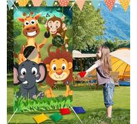 Jeffbaubl Animals Toss Game Banner with 8 Bean Bags,Wild Animals Throwing Game,Bean Bag Toss Games Outdoor Games Set for Yard Lawn Game Photo Background Jungle Animals Theme Party Supplies