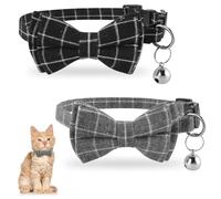 Jeffdad 2Pcs Cat Collar Breakaway, Cat Collar with Bells Bowtie Plaid Cat Collar Adjustable 7.5-12.5 Inch for Kitten Puppy and Small Pets (Black and gray plaid)