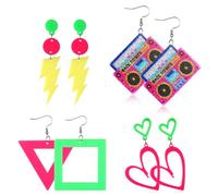 Jeffdad 4 Pairs 80s 90s Neon Earrings for Women, Retro Acrylic Cassette Earrings Lightning Heart Neon Jewelry for 80s 90s Outfit & Halloween Theme Party Accessories