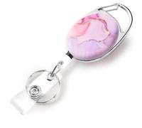 Jeffdad Retractable Badge Reel, Double Sided Marble Pattern ID Badge Holder with Retractable Keychain and Key Ring, Durable Nylon Rope Lanyard Clip for Work (Pink Marble)