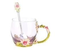 Jeffergarden Glass Tea Cup with Spoon, Hand Made Enamel Flower Design for Coffee Milk Juice, Elegant Drinkware for Home Office Christmas Valentine's Day Birthday Gifts (Green Chrysanthemum 320ML)
