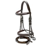 Jeffers Uniquely English Devon Leather Snaffle Bridle with Reins for Horses, Oversize - Padded Monocrown, Raised Browband, Cavesson Noseband, Hook Stud Ends, English Horse Tack for Riding or Jumping