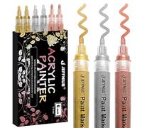 JEFFNIUB 6 Metallic Acrylic Paint Pens, 2-3 mm Medium Tip Marker Pens, Gold, Silver, Rose Gold Acrylic Markers for Rocks Painting, Wood, Fabric, Glass, Ceramic, Canvas, Scrapbooking, DIY Crafts